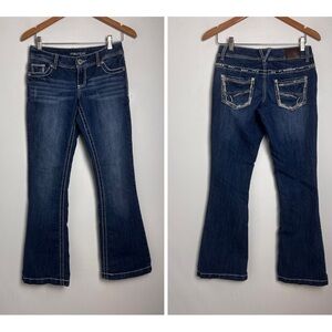 Maurices Bridget Y2K Thick Stitch Sequin Embellished 5Pocket Flare Leg Jeans 1/2